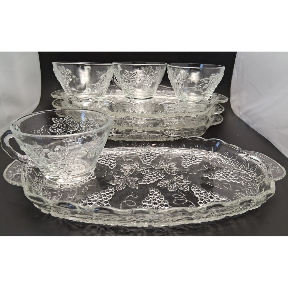 Vintage Anchor Hocking "Grape & Leaf" Pattern Plates/Cups